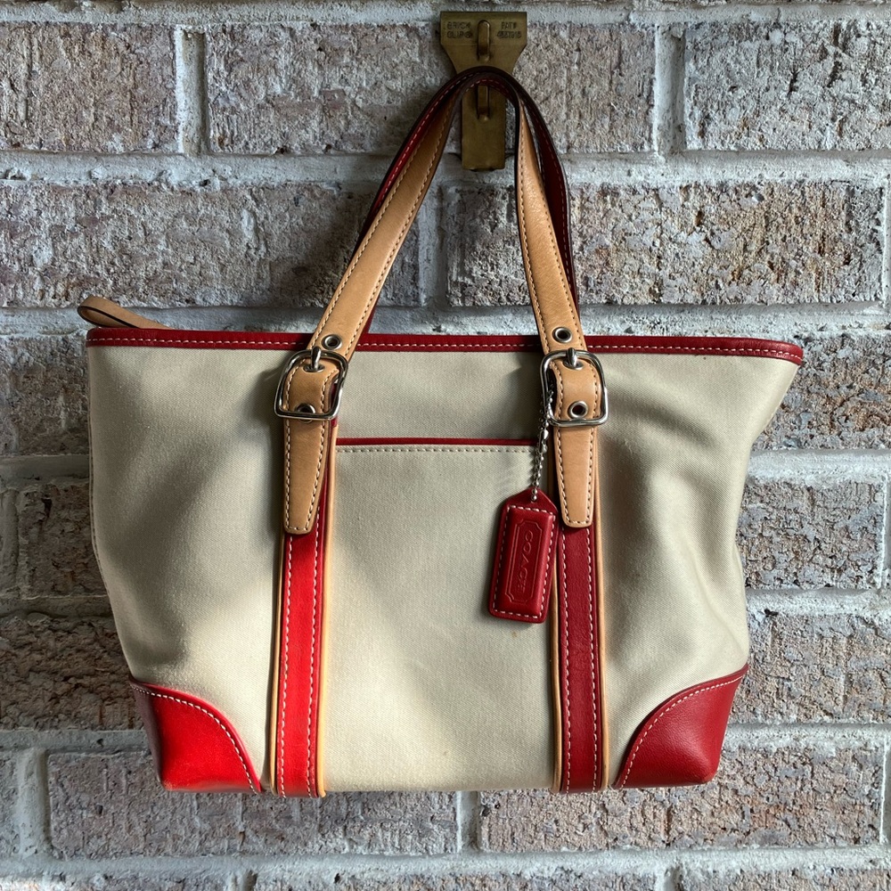 Coach Tan and Red Leather Tote